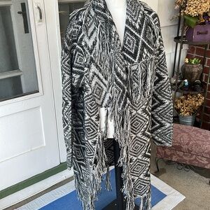 Lascana Black & White Aztec Print Fringe Drape Waterfall Cardigan Small